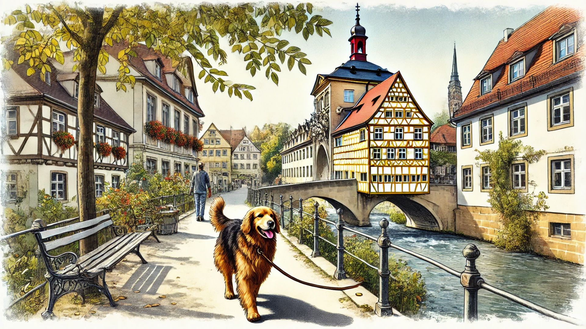 Spaziergang mit Hund durch die Altstadt von Bamberg, Fachwerkhäuser und Brücken entlang der Regnitz.