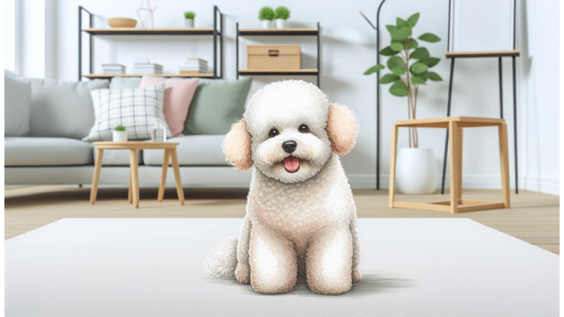 Bichon Frisé auf Teppich in moderner Wohnung, hypoallergener Hund, Tierpflege, wenig haarende Hunderassen.