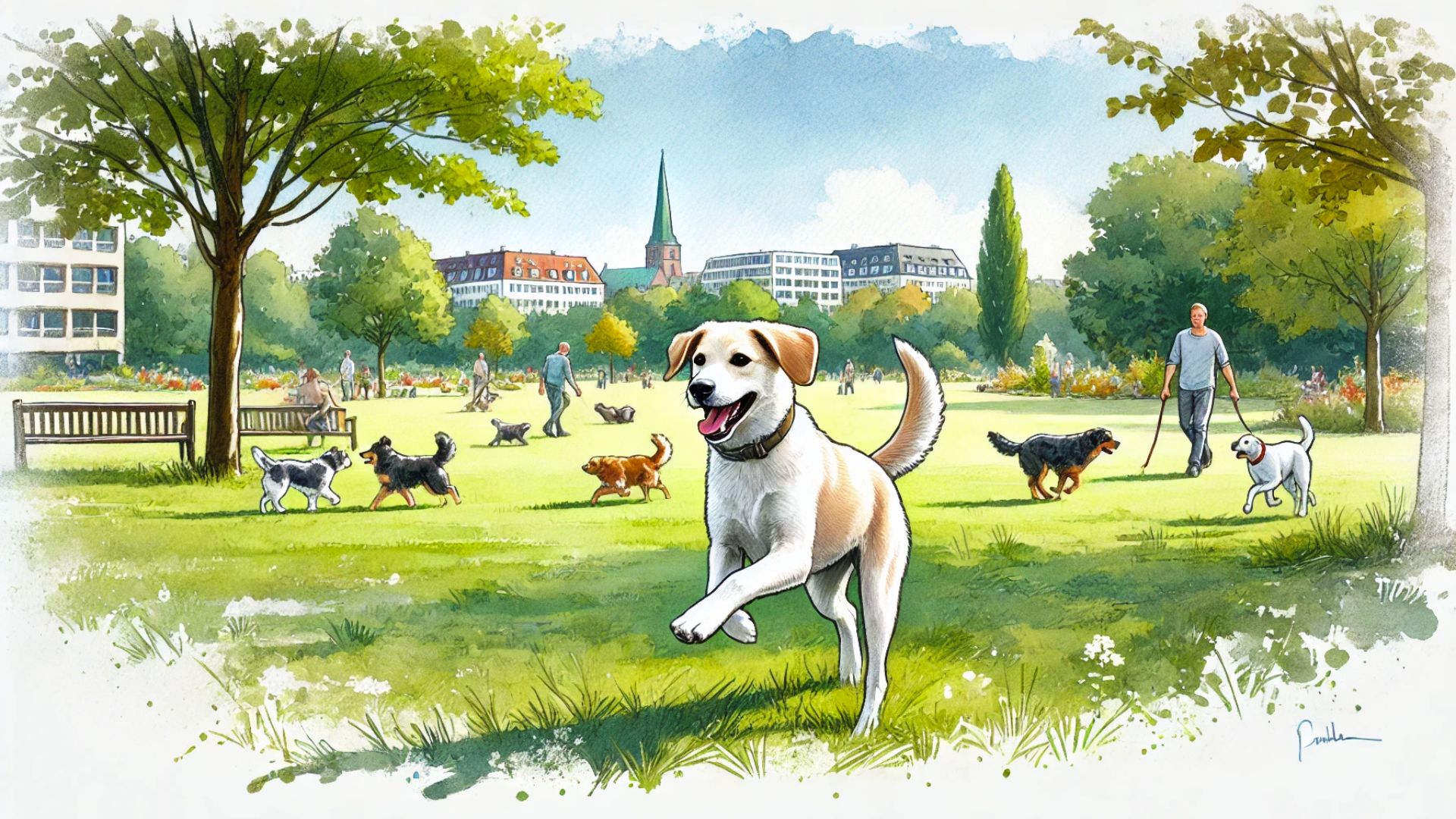 Hund tobt fröhlich auf der Wiese im Stadtpark Norderstedt, beliebter Ort für Hundeauslauf.