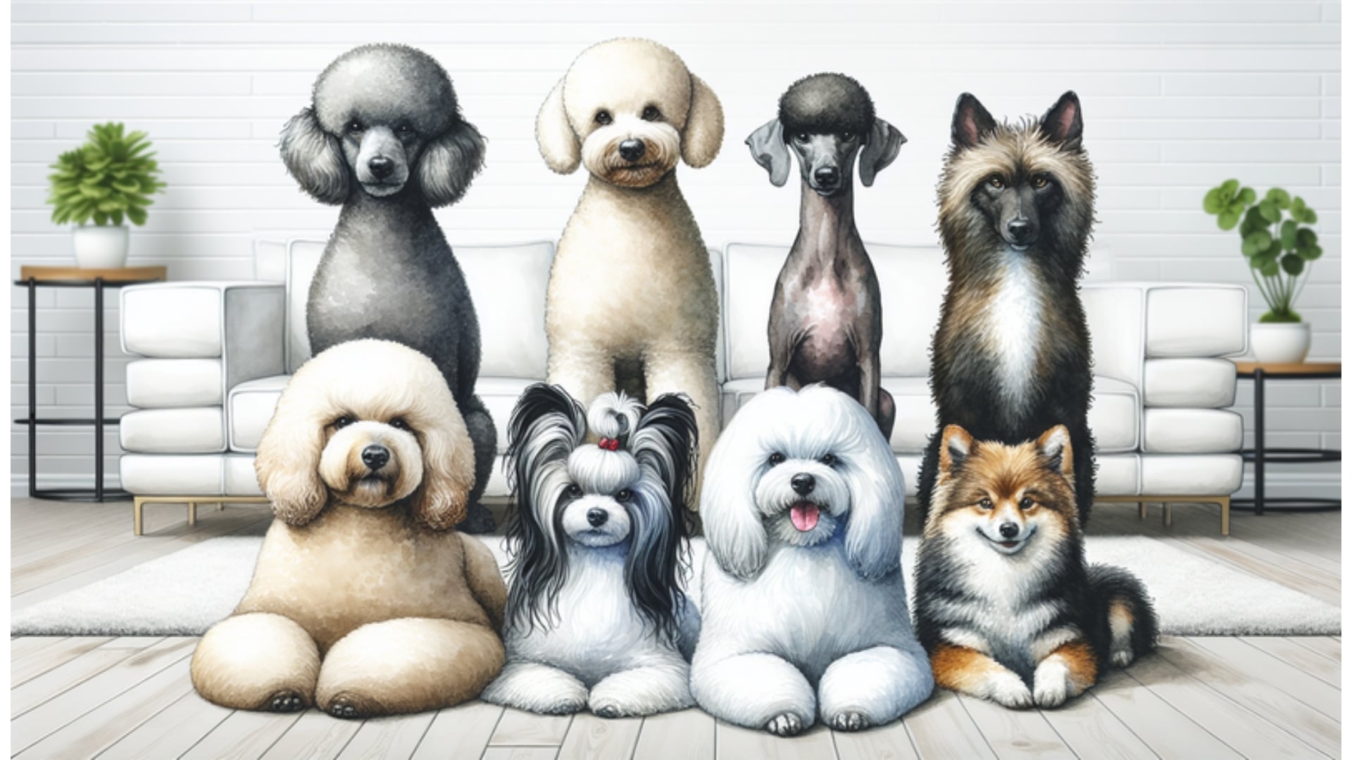 Abbildung hypoallergener Hunderassen: Pudel, Bichon Frisé, Chinese Crested, Komondor und Basenji in Aquarellstil, ideal für allergikerfreundliche Haushalte.