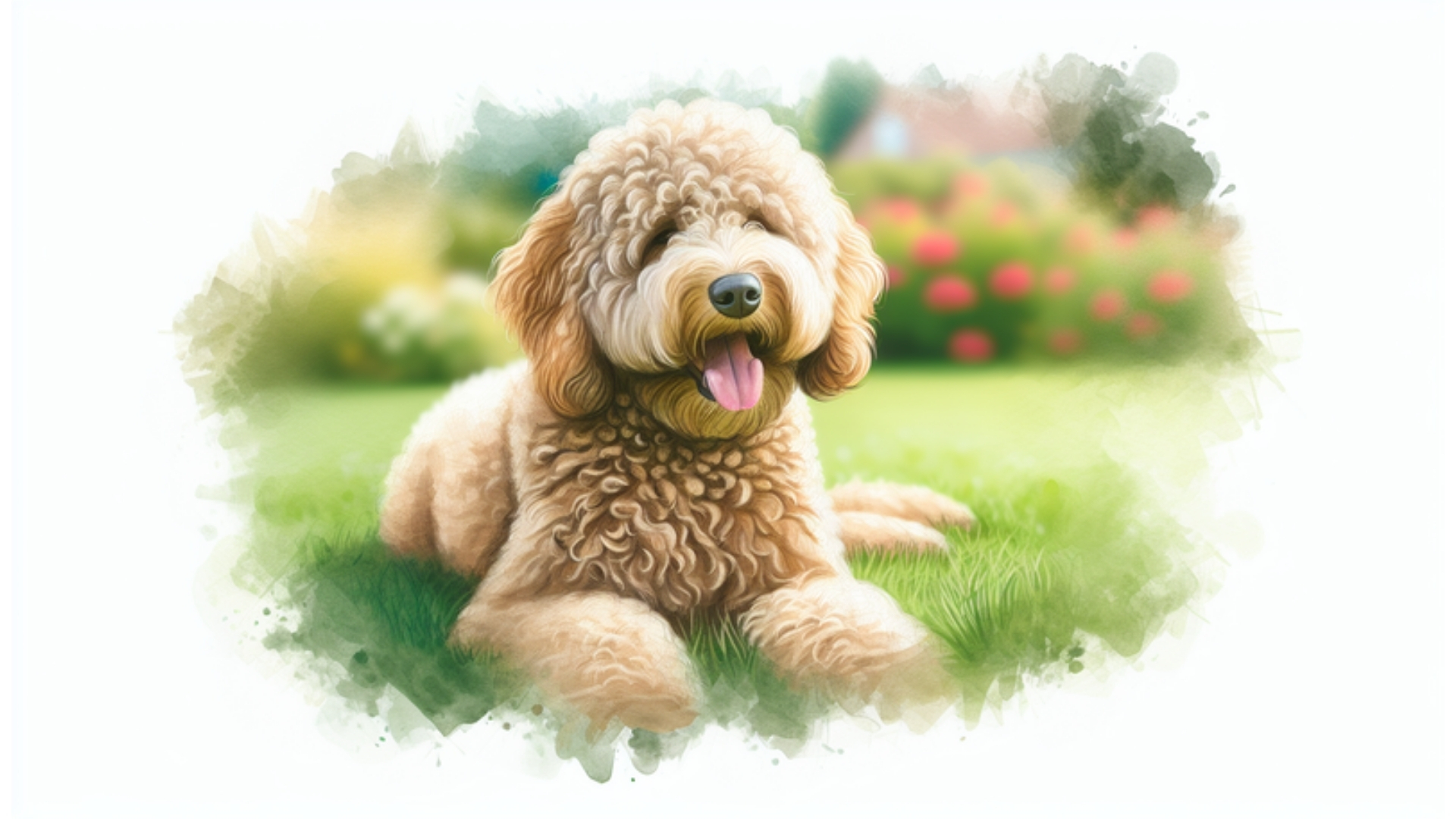 Labradoodle mit hypoallergenem Fell im Garten, ideal für Allergiker, in Aquarellstil dargestellt.