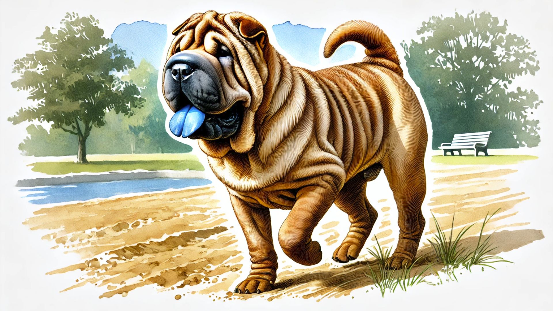 Shar-Pei mit blauer Zunge, charakteristische faltige Haut, läuft auf einem Sandweg in einem Park.