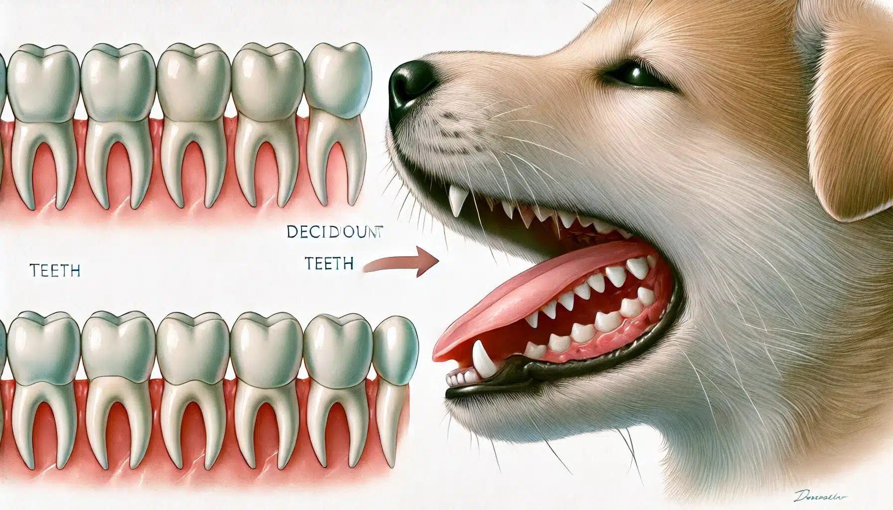 Illustration des Zahnwechsels bei Welpen mit Milchzähnen und durchbrechenden bleibenden Zähnen.